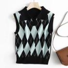 Argyle Knit Vest Black & Light Blue - One Size