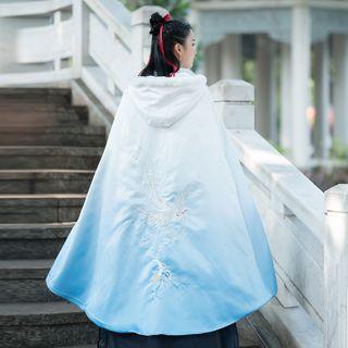 Furry Trim Bird Embroidered Gradient Hooded Cape Gradient - One Size