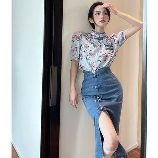 Frog-button Floral Top / Slited Denim Midi Skirt