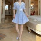 Puff-sleeve Sailor Collar Gingham Mini A-line Dress