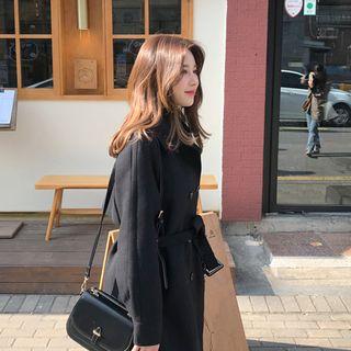 Raglan-sleeve Double-breasted Coat With Belt Black - One Size