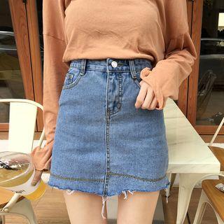 Embroidered Raw Hem A-line Denim Skirt