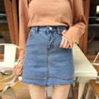 Embroidered Raw Hem A-line Denim Skirt