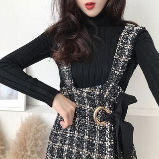 Turtleneck Rib Knit Top / Tweed Pinafore Dress