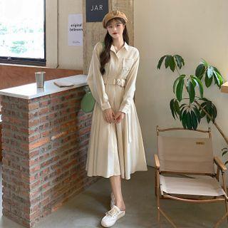 Long Sleeve Plain Lace Up A-line Dress