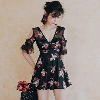 Cold-shoulder Opera Print Swimdress