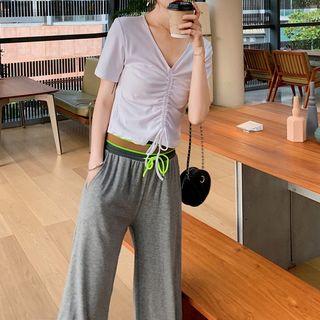 Drawstring Short-sleeve T-shirt / High-waist Wide-leg Pants
