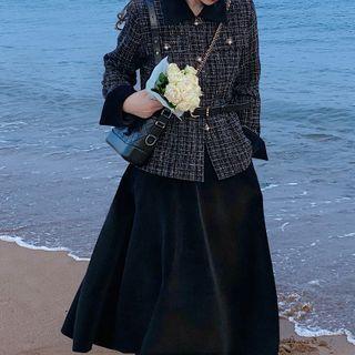 Tweed Shirt Jacket / Plain Midi A-line Skirt / Belt