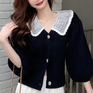 Elbow-sleeve Contrast Collar Cardigan