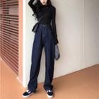 Long-sleeve Plain Top / High-waist Jeans