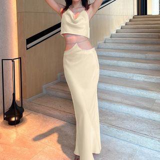 Set: Halter-neck Crop Top + Cutout Midi A-line Skirt