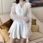 Bell-sleeve Mesh Panel Mini A-line Dress White - One Size