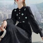 Long-sleeve Flower Embroidered Pointelle Knit Midi A-line Dress