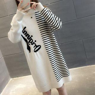 Mock Neck Stripe Lettering Sweater Dress