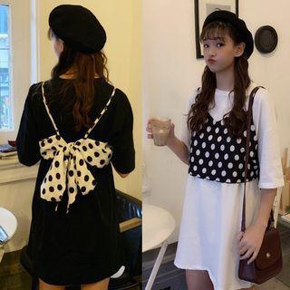 Set: Elbow-sleeve T-shirt Tunic + Spaghetti-strap Dotted Top