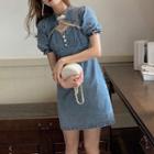 Puff-sleeve Frill Trim Denim Mini A-line Qipao Dress