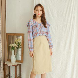 Bishop-sleeve Ruffled Plaid Blouse Sky Blue - One Size