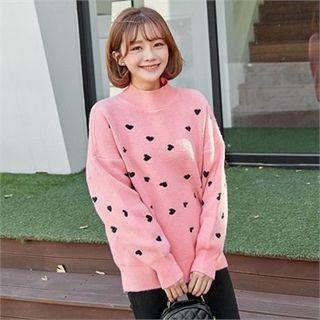 Mock-neck Heart-pattern Sweater