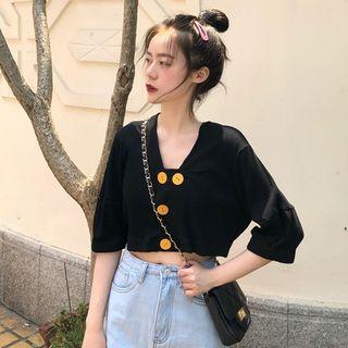 V-neck Short-sleeve Cropped Blouse
