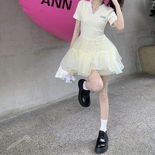 Short-sleeve Collar Applique Mini A-line Dress