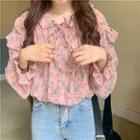 Floral Print Bell-sleeve Ruffled Chiffon Blouse Pink - One Size