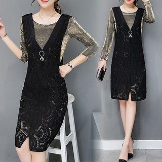 Set: Long-sleeve Velvet Top + Pinafore Lace Dress