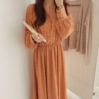 Long-sleeve Maxi Floral A-line Dress Orange - One Size