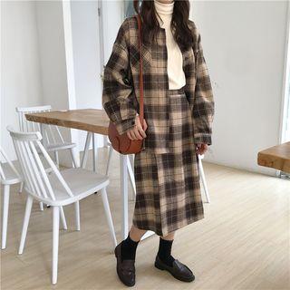 Loose-fit Plaid Shirt Jacket / High Waist Plaid Skirt