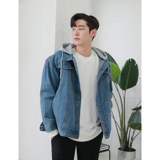 Detachable-hood Washed Denim Jacket Blue - One Size