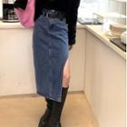 Denim Slit Midi Pencil Skirt With Belt
