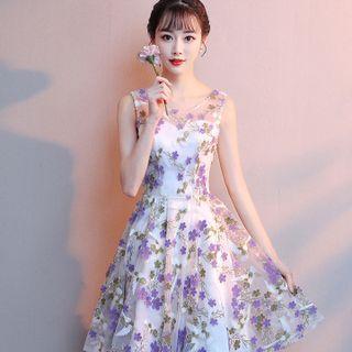 Sleeveless Floral Print A-line Evening Dress