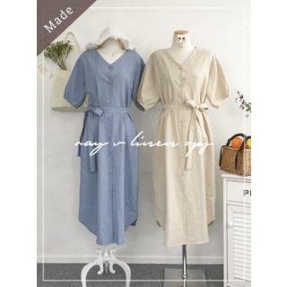V-neck Linen Blend Maxi Shirtdress With Sash