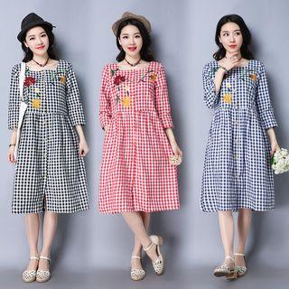 3/4-sleeve Plaid A-line Midi Dress