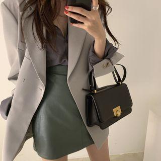One-button Blazer / Plain Shirt / Faux Leather A-line Skirt