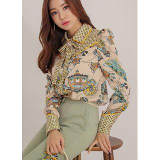 Puff-sleeve Patterned Blouse With Sash Beige - One Size