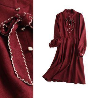 Bow-detail Velvet Long-sleeve Shirtdress