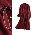 Bow-detail Velvet Long-sleeve Shirtdress
