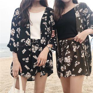 Set: Floral Print Light Jacket + Wide Leg Shorts