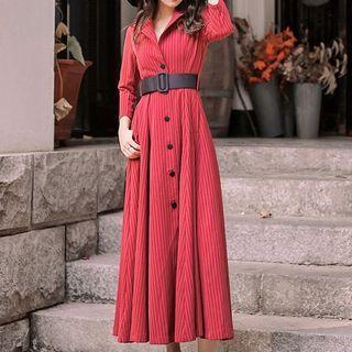 Long-sleeve Striped Open-collar Midi A-line Shirtdress