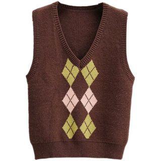 Argyle Knit Vest Z820 - Dark Brown - One Size