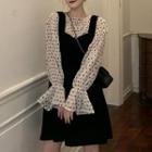 Long-sleeve Dotted Blouse / Mini A-line Velvet Overall Dress