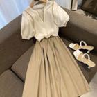 Set Of 2: Short-sleeve V-neck Contrast Trim Top + High-waist Plain Skirt