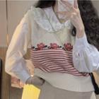 Rose Print Striped Vest / Long-sleeve Peter Pan-collar Shirt