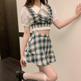 Sleeveless Plaid Top / Lace Top / Mini A-line Skirt / Short-sleeve Collared Top / Set
