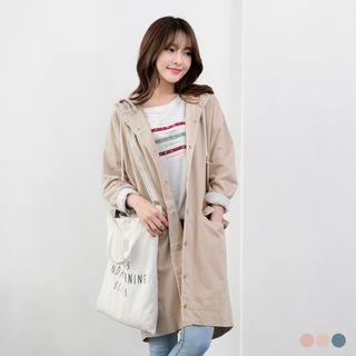 Twill Dropped Sleeve Drawstring Long Hooded Top