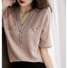 Short-sleeve V-neck Knit Top Pink - One Size