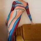Set: Long-sleeve Print Crop Top + Strapless Midi Bodycon Dress