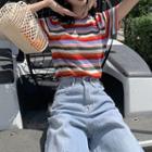 Short-sleeve Striped Knit Top / Straight-fit Jeans