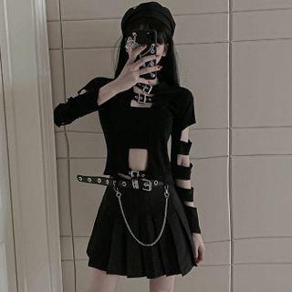 Cutout Long-sleeve T-shirt / Set Of 2 : Cutout Long-sleeve T-shirt + Accordion Pleat Skirt / Set Of 3 : Cutout Long-sleeve T-shirt + Accordion Pleat Skirt With Belt