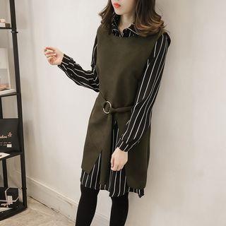Set: Striped Shirt Dress + Tie Waist Knitted Long Vest